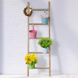 Chic Bamboo Plant Hanger Ladder with Colorful Metal Pots - Multi-functional Decor - 18" x 59"