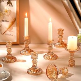 Tioncy Amber Glass Taper Candlestick Holders, Set of 36 - Elegant 4" Tall Centerpieces