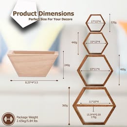 Set of 4 Wooden Hexagon Floating Shelves + 2 Half Shelves - Stylish Honeycomb Wall Decor