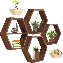 Set of 4 Wooden Hexagon Floating Shelves + 2 Half Shelves - Stylish Honeycomb Wall Decor