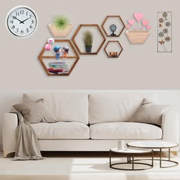 Set of 4 Wooden Hexagon Floating Shelves + 2 Half Shelves - Stylish Honeycomb Wall Decor