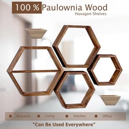 Set of 4 Wooden Hexagon Floating Shelves + 2 Half Shelves - Stylish Honeycomb Wall Decor