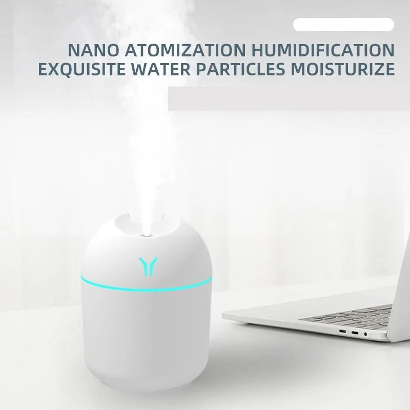 Whisper-Quiet Hydration: 8.5oz USB Mini Air Humidifier with LED Lamp