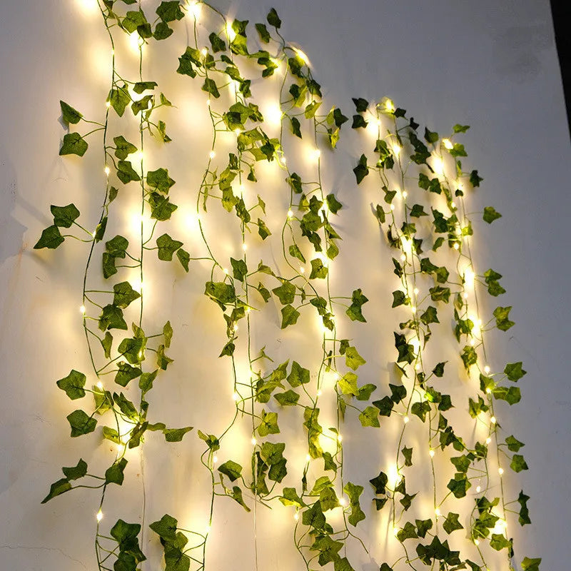 Enchanted Foliage: LED Fairy Lights with Artificial Green Leaves