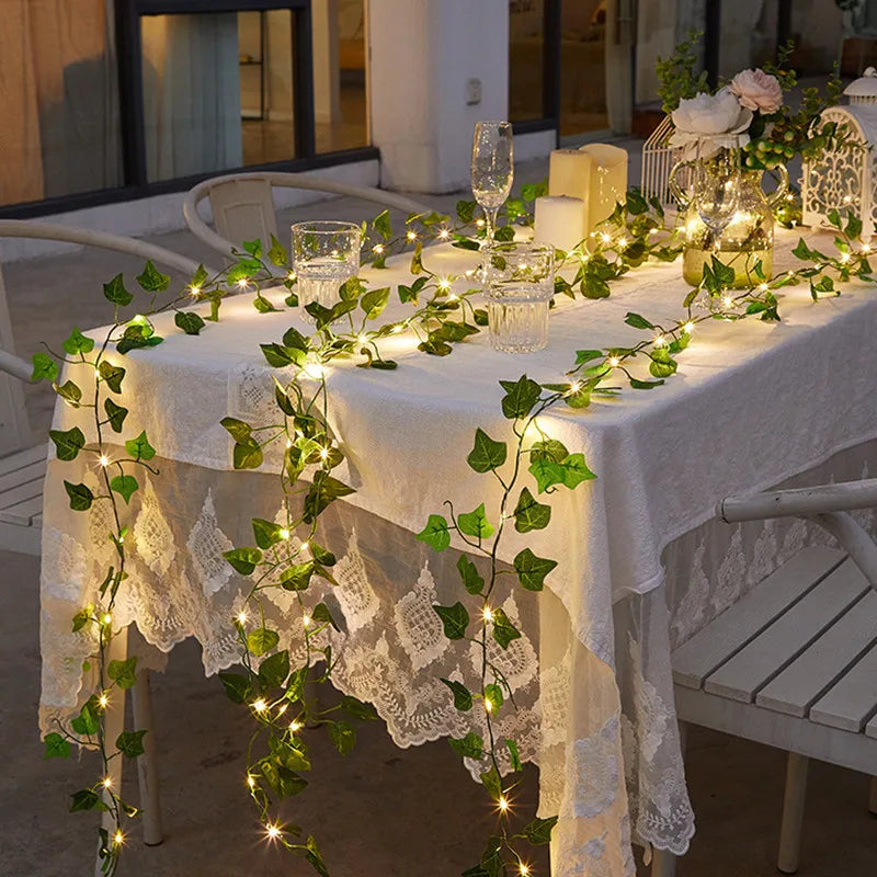 Enchanted Foliage: LED Fairy Lights with Artificial Green Leaves