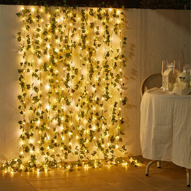 Enchanted Foliage: LED Fairy Lights with Artificial Green Leaves